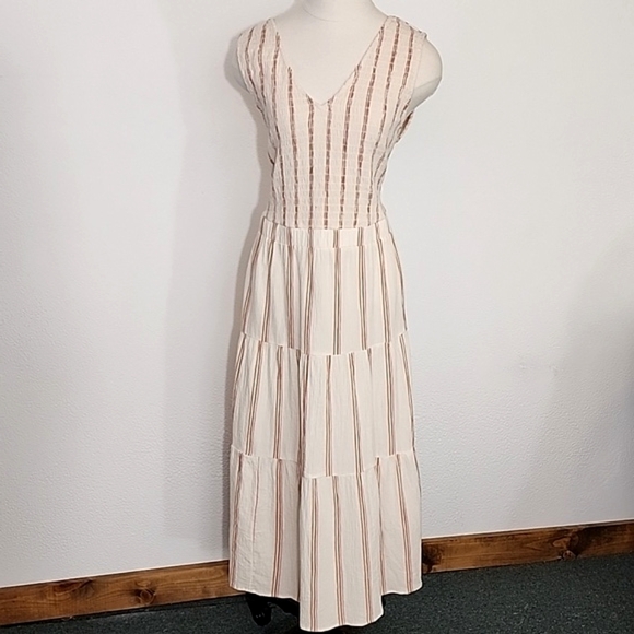Wonderly Dress Cotton Striped Midi Smocked Bodice & Back Tie Neck Cream Size XL - Picture 12 of 14